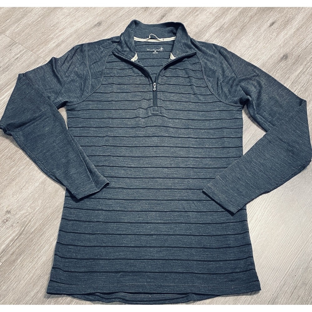 Smartwool Merino Wool Base Layer Quarter Zip Pullover Womens M Gray Black Stripe